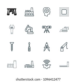 Engineering icon. collection of 16 engineering outline icons such as gear in head, screw, screwdriver, excavator, level ruler. editable engineering icons for web and mobile.