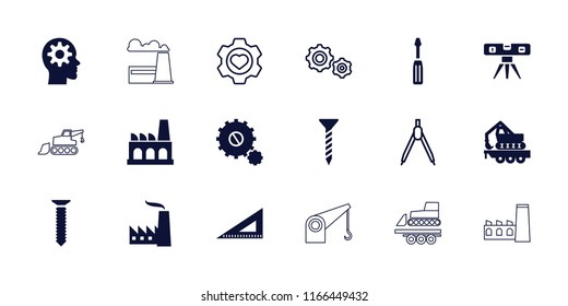 Engineering icon. collection of 18 engineering filled and outline icons such as cargo crane, factory, compass, heart in gear. editable engineering icons for web and mobile.
