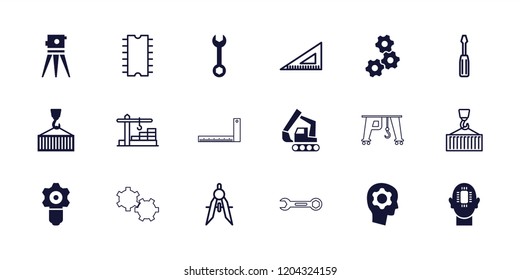 Engineering icon. collection of 18 engineering filled and outline icons such as gear, cargo on hook, gear in head, screwdriver. editable engineering icons for web and mobile.