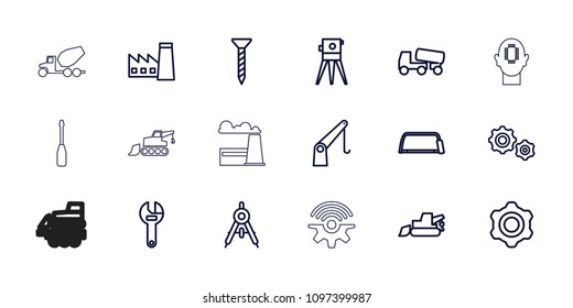 Engineering icon. collection of 18 engineering outline icons such as compass, factory, screw, wrench, excavator, concrete mixer. editable engineering icons for web and mobile.