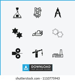 Engineering icon. collection of 9 engineering filled and outline icons such as compass, paper press, level equipment, excavator. editable engineering icons for web and mobile.