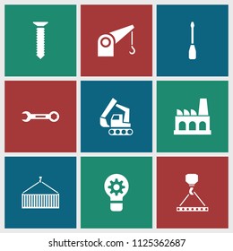 Engineering icon. collection of 9 engineering filled icons such as hook with cargo, factory, screw, wrench, screwdriver. editable engineering icons for web and mobile.