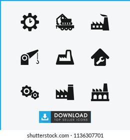 Engineering icon. collection of 9 engineering filled icons such as factory, cargo crane, home repair, gear    sign symb. editable engineering icons for web and mobile.