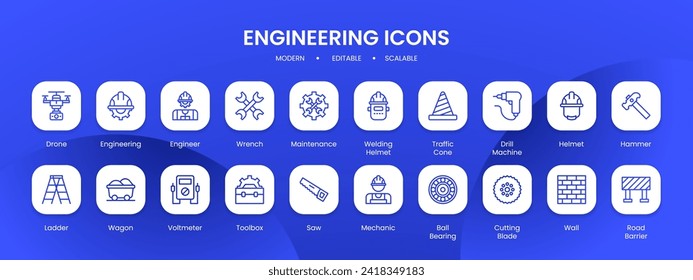 Colección de iconos de ingeniería con estilo de contorno de línea rellena en negro. ingeniería, industria, construcción, esquema, ingeniero, tecnología, signo. Ilustración vectorial