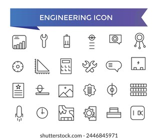 Engineering icon collection. Related to blueprint, engineer, tools, construction, mechanical, industrial, worker, engine icons. Line icon set.