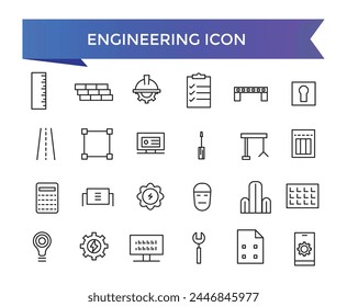 Engineering icon collection. Related to blueprint, engineer, tools, construction, mechanical, industrial, worker, engine icons. Line icon set.