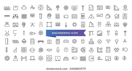 Engineering icon collection. Related to blueprint, engineer, tools, construction, mechanical, industrial, worker, engine icons. Line icon set.