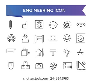 Engineering icon collection. Related to blueprint, engineer, tools, construction, mechanical, industrial, worker, engine icons. Line icon set.