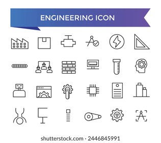 Engineering icon collection. Related to blueprint, engineer, tools, construction, mechanical, industrial, worker, engine icons. Line icon set.