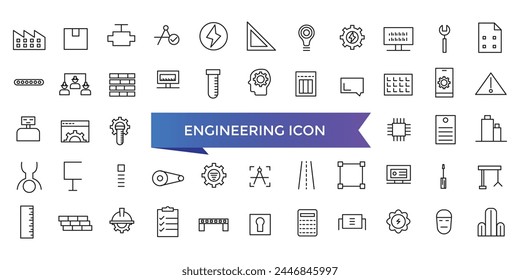 Engineering icon collection. Related to blueprint, engineer, tools, construction, mechanical, industrial, worker, engine icons. Line icon set.