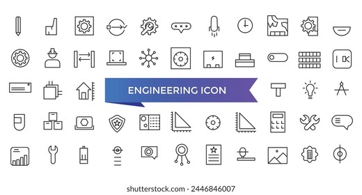 Engineering icon collection. Related to blueprint, engineer, tools, construction, mechanical, industrial, worker, engine icons. Line icon set.