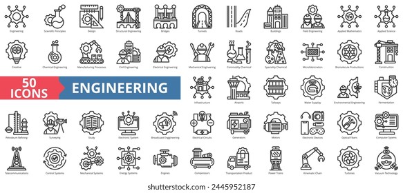 Engineering icon collection set. Containing scientific principles, design, structural, bridges, tunnels, roads, buildings icon. Simple line vector.