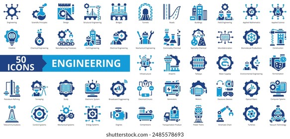 Conjunto de colecciones de iconos de ingeniería. Contiene principios científicos, diseño, estructural, puentes, túneles, carreteras, edificios icono. Sencillo Vector plano.