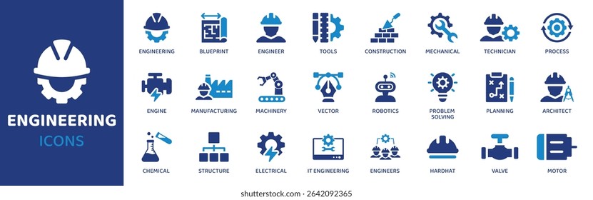 Engenharia - Icon Collection. O conjunto de linhas finas contém ícones como engrenagem, chave inglesa, parafuso, parafuso, porca, ferramenta, rascunho e muito mais. Conjunto de ícones simples da Web.