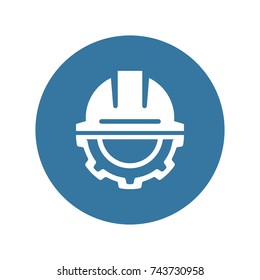 Engineering Icon. Gear and Hard Hat. Development Symbol. Flat Line Pictogram. Isolated on white background.