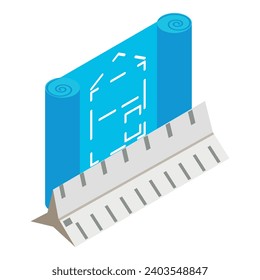 Engineering icon isometric vector. Construction building drawing and white ruler. Building project, construction, design