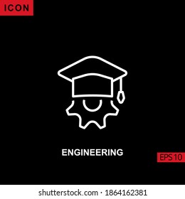 engineering icon with mortarboard and cog wheel gear outline, line, lineal or linear on black background. Illustration for graphic, print media interfaces and web design.