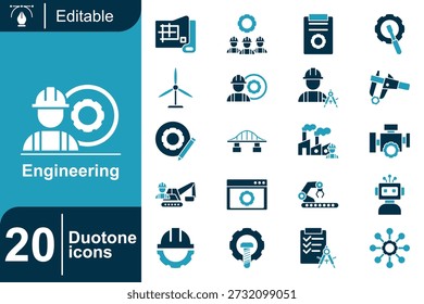 Engineering icon pack showcases industrial work, mechanical systems, infrastructure, and technical operations using simple forms with subtle two-tone contrast for clear industrial communication.