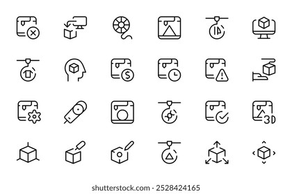 Engineering icon, Product Development and Creation. Such Line Signs as Prototyping, 3D printing, 3D Modeling, 3D Scanning. Vector Icons Set for Web, UI and App in Outline Editable Stroke.