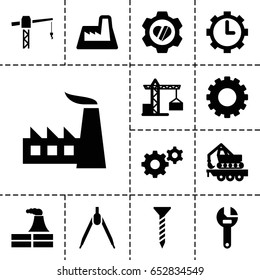 Engineering icon. set of 13 filled engineeringicons such as gear, construction crane, factory, screw, wrench, heart in gear, cargo crane, clock in gear