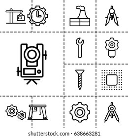 Engineering icon. set of 13 outline engineeringicons such as compass, level equipment, factory, screw, cargo crane, clock in gear, construction  crane, chip, gear    sign symb