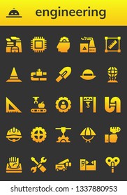 engineering icon set. 26 filled engineering icons.  Simple modern icons about  - Nuclear plant, Hat, Cpu, Setting, Factory, Transform, Pipe, Trowel, Hologram, Set square, Mechanical arm