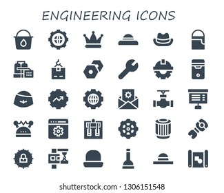 engineering icon set. 30 filled engineering icons.  Simple modern icons about  - Paint bucket, Settings, Hat, Factory, Crane, Cogwheel, Cpu, Gear, Pipe, Project, Helmet, Setting