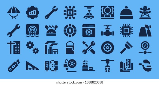 engineering icon set. 32 filled engineering icons. on blue background style Collection Of - Hat, Wrench, Crane, Cutter, Gear, Sewer, Cogwheel, Set square, Helmet, Factory, Worker