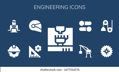 engineering icon set. 9 filled engineering icons. Included 3d printing, Settings, Helmet, Cogwheel, Worker, Gear, Pulley, Crane icons