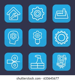 Engineering icon. set of 9 outline engineering icons such as gear, level equipment, factory, home repair, gear    sign symb