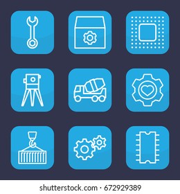 Engineering icon. set of 9 outline engineering icons such as gear, wrench, concrete mixer, theodolite, heart in gear, cargo on hook, cpu