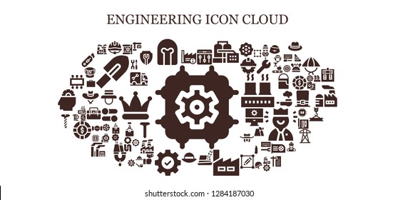  engineering icon set. 93 filled engineering icons. Simple modern icons about  - Cpu, Factory, Helmet, Settings, Hat, Screw, Plan, Crane, Nuclear plant, Plumber, Trowel, Planning