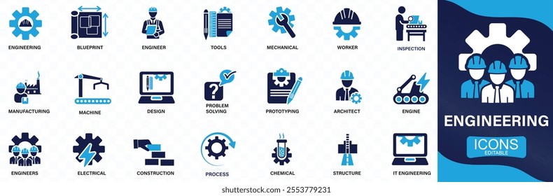 Engineering icon set. blueprint, engineer, tools, construction, mechanical, industrial, worker, You can easily change the color