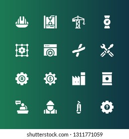 engineering icon set. Collection of 16 filled engineering icons included Settings, Cutter, Worker, Chips, Factory, Cutters, Pipe, Crane, d printer, Helmet