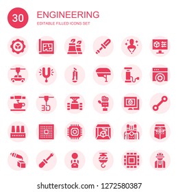 engineering icon set. Collection of 30 filled engineering icons included Settings, Blueprint, Factory, Screwdriver, Hologram, d printer, Tuning, Cutter, Helmet, Pump, d printing
