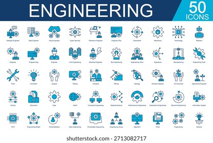Colección de conjunto de iconos de ingeniería. Cubre Ingeniería de Software, Ingeniería de Datos, Ingeniería de Nube, Seguridad Cibernética, Ingeniería de Plan, Automatización, Mecánica. Ilustración azul de Vector simple