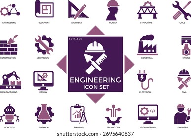 Conjunto de ícones de engenharia contendo ícones de projeto, engenharia, ferramentas, construção, mecânica, industrial, trabalhador, mecanismo, fabricação e máquinas. Ilustração de vetor plano sólido para a indústria, 
