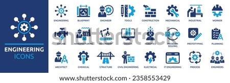Engineering icon set. Containing blueprint, engineer, tools, construction, mechanical, industrial, worker, engine, manufacturing and machinery icons. Solid icon collection. Vector illustration.