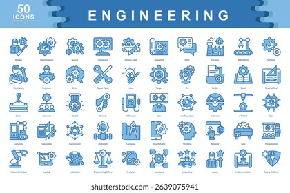 The Engineering icon set defines key drivers of technical success such as innovation, problem solving, and precision, ideal for design processes, system development, and industrial applications.