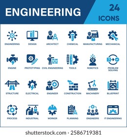 Engineering Icon Set – A Detailed Collection of Blueprints, Engineers, Tools, Construction, Mechanics, Industry, Workers, Engines, Manufacturing, and Machinery Icons in Solid Vector Style.