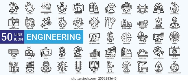 Engineering icon set with energy system, civil, infrastructure, labor, environmental, structural, electronics, mechanical, design and construction 