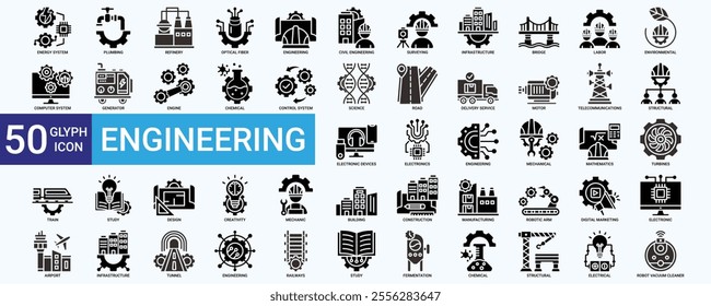 Engineering icon set with energy system, civil, infrastructure, labor, environmental, structural, electronics, mechanical, design and construction 