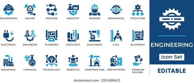 Conjunto de iconos de ingeniería. Cuenta con iconos editables para la construcción, arquitectura, robótica, maquinaria, tecnología y más. Perfecto para diseños de ingeniería, industriales y de fabricación.