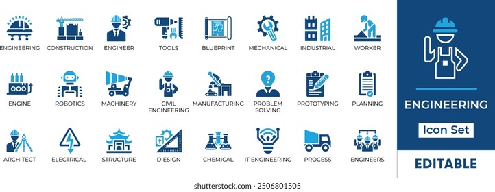 Conjunto de iconos de ingeniería con Elementos esenciales como construcción, herramientas, maquinaria y resolución de problemas. Perfecto para presentaciones de ingeniería, Sitios web y App. Gráficos de Vector editables.