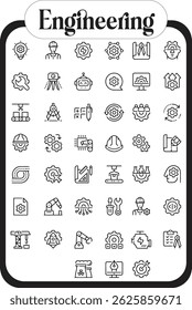 Engineering Icon Set featuring essential elements like construction, tools, machinery, and problem-solving. These editable vector graphics are perfect for engineering presentations, websites, and apps