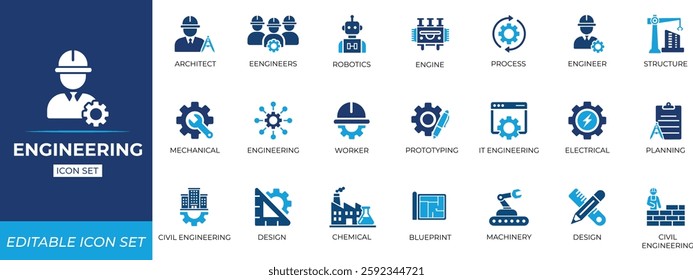 Engineering icon set featuring tools, and industrial symbols for professional, blueprint, innovation, planning, problem, architect, engineer, information technology, and engineering design use.
