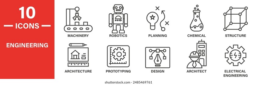 conjunto de iconos de ingeniería. incluye maquinaria, robótica, planificación, química, estructura, arquitectura, creación de prototipos, diseño y más iconos. colección de iconos esquematizados. Ilustración vectorial.
