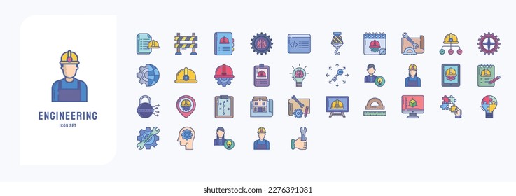 Engineering icon set, including icons like Analytics, Book, Coding, Document and more