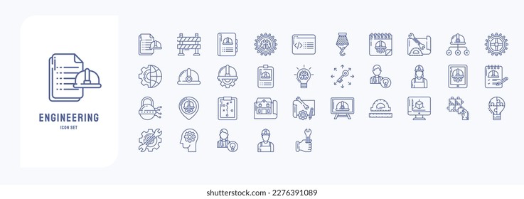 Engineering icon set, including icons like Analytics, Book, Coding, Document and more