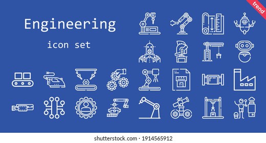 engineering icon set. line icon style. engineering related icons such as conveyor, factory, settings, crane, belt, heater, robot, blueprint, helmet, electronic, iron, pipe, industrial robot